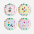 Set of four party plates featuring whimsical garden gnome illustrations.