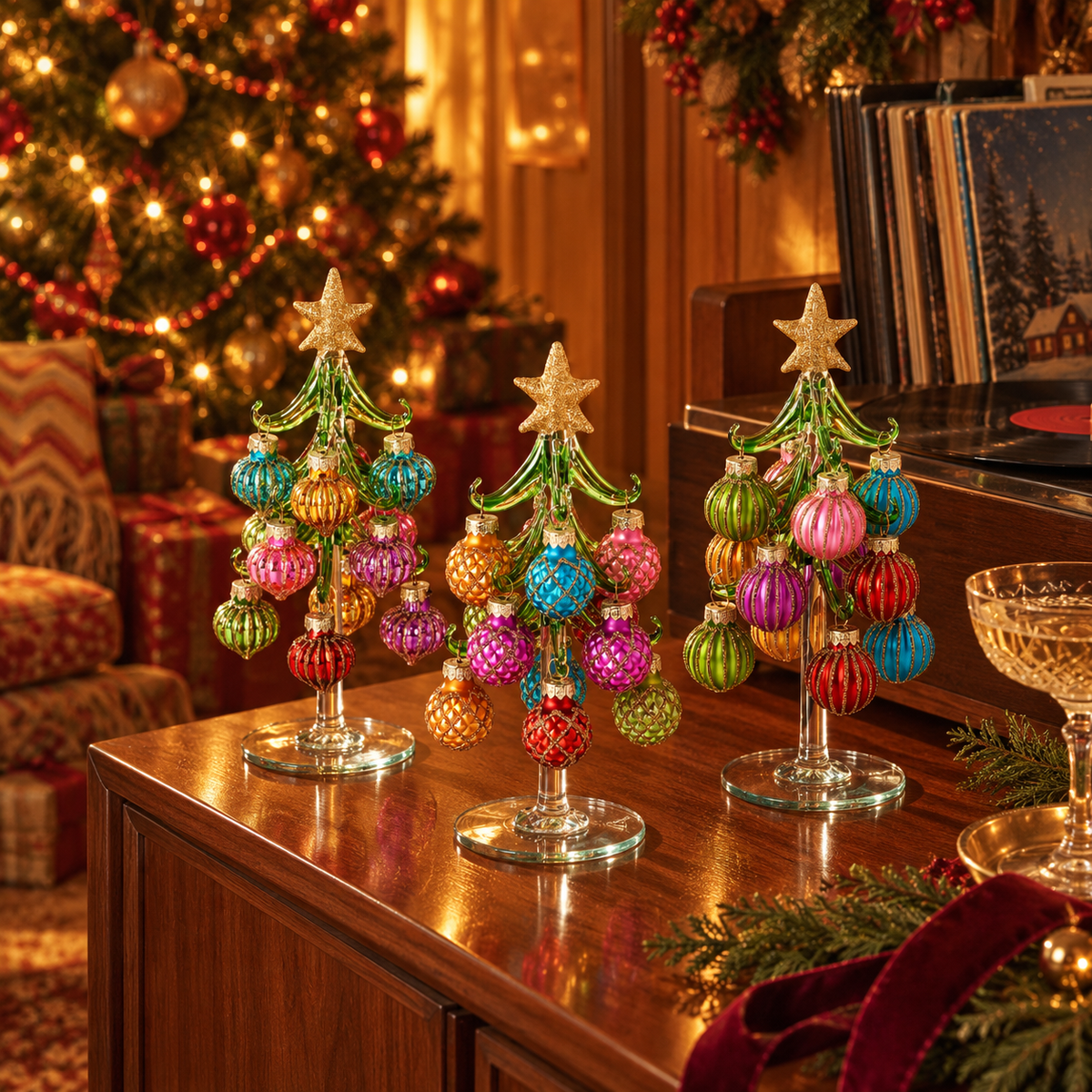 Glass Tree with Balls, Set of 3 Assorted