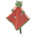 Prince Blankie plush frog head security blanket with warm terracotta body and polka dot trim.