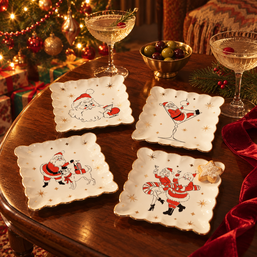 Holiday Cheers Scalloped Square Plate, Set of 4 Assorted