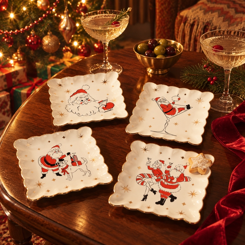 Holiday Cheers Scalloped Square Plate, Set of 4 Assorted