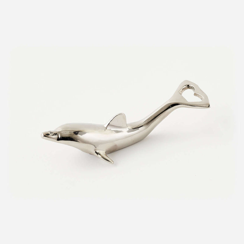 Dolphin Bottle Opener in polished aluminum, featuring a sleek dolphin design for stylish beverage enjoyment.