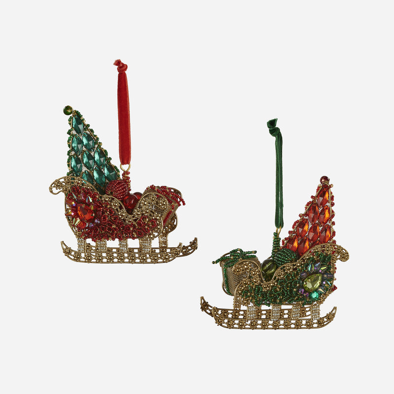 Jeweled Sleigh Ornament, Set of 2 Assorted