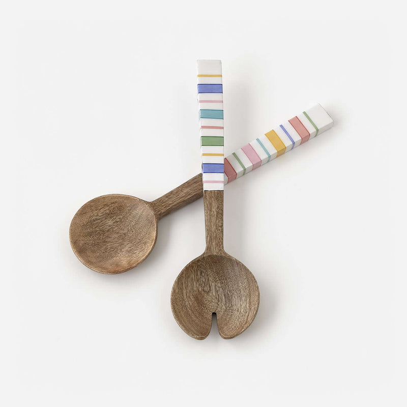 Terrazzo Salad Servers made from mango wood with colorful hand-painted stripes.