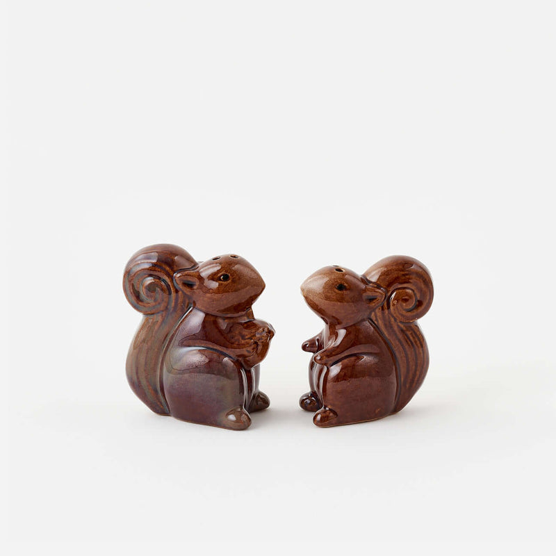 Squirrel Salt & Pepper Shakers featuring charming textured squirrel design with curled tails and acorn detail.