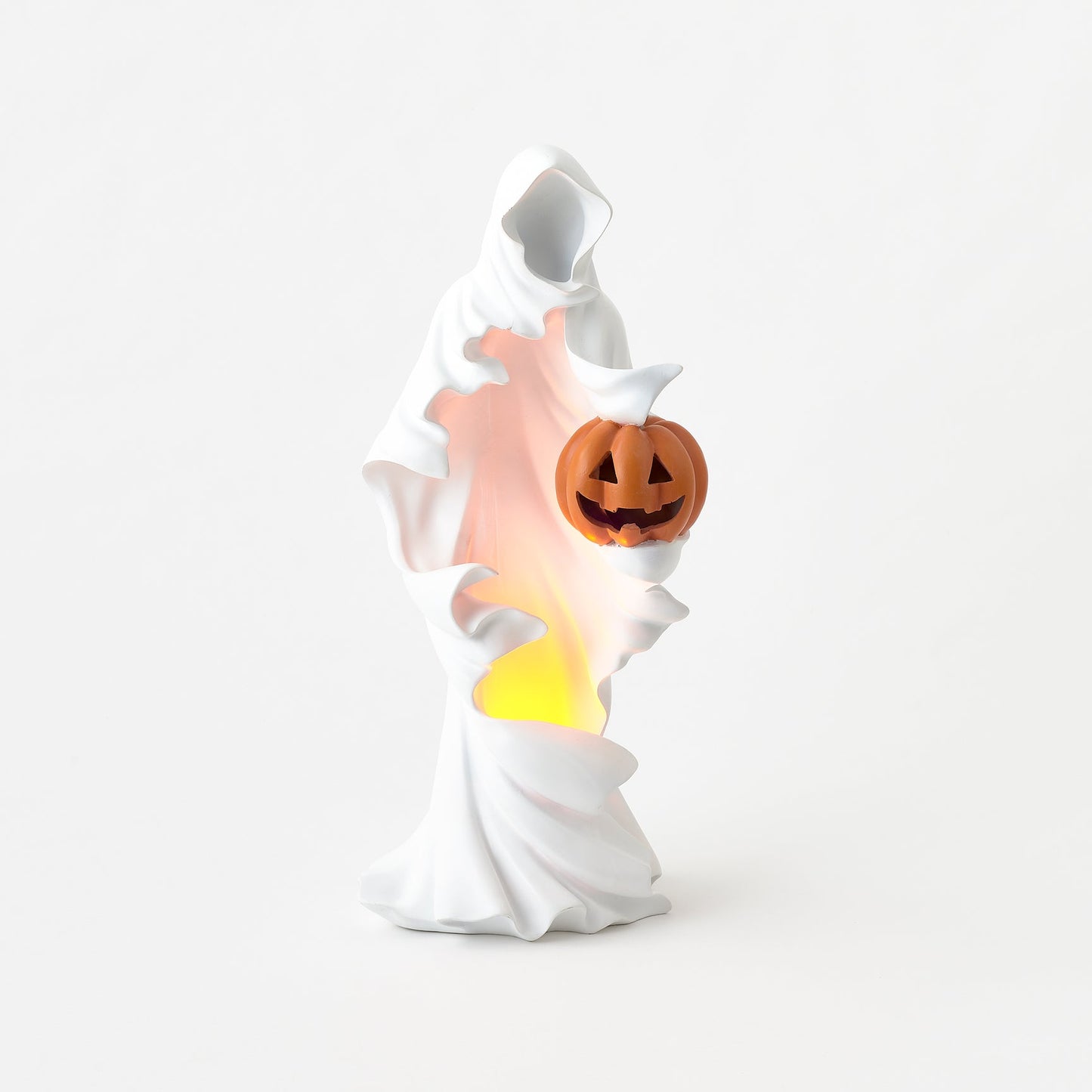 Halloween-themed ghost figurine with a pumpkin head on a white background