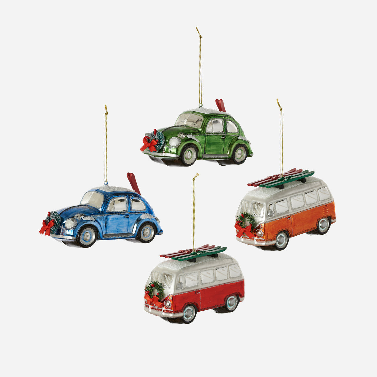 Bug and Bus with Skis Glass Ornament, Set of 4 Assorted