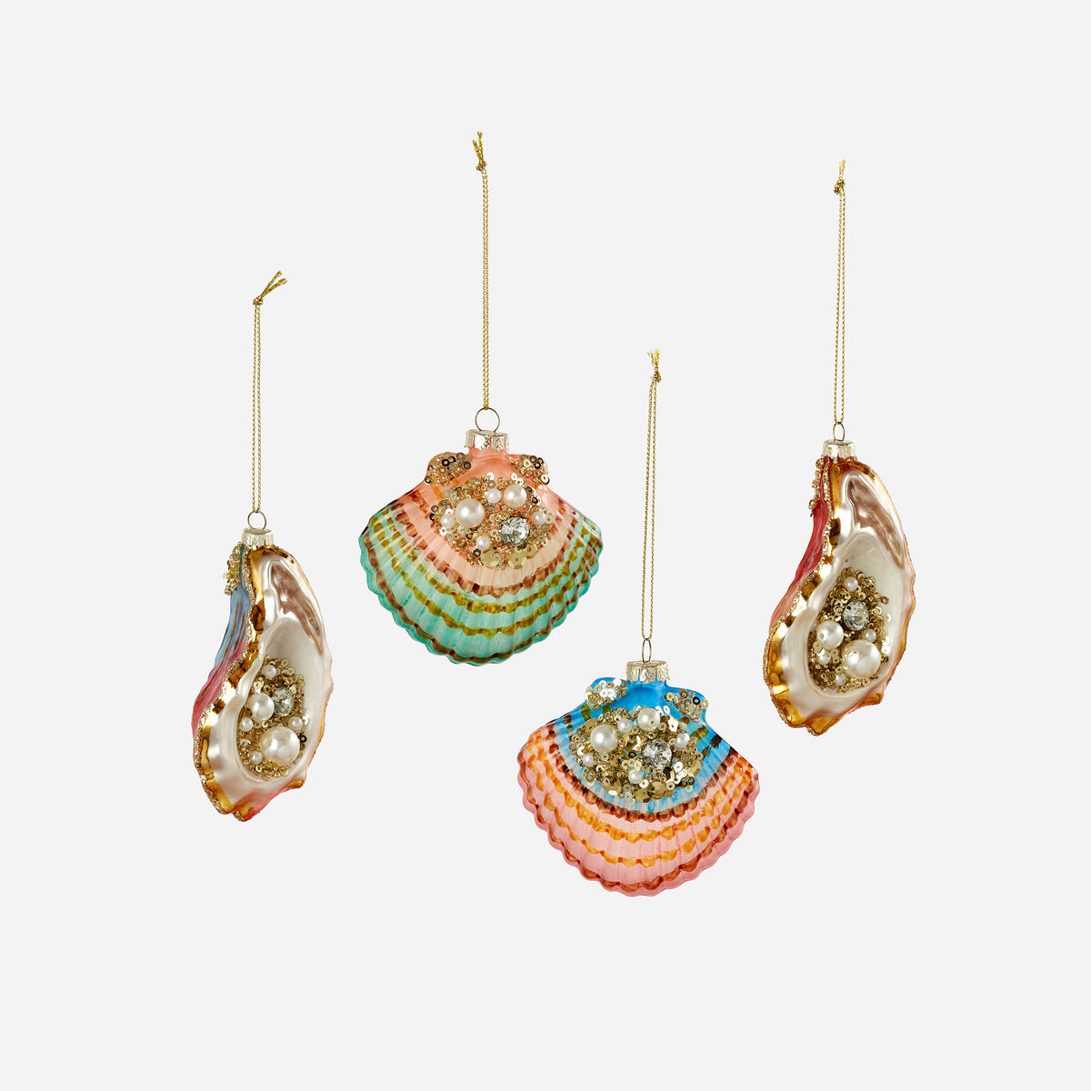 Scallop and Oyster Shell Glass Ornament, Set of 4 Assorted