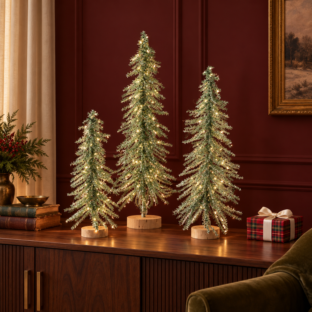 Lit Green Tinsel Tree with Adapter, Set of 3