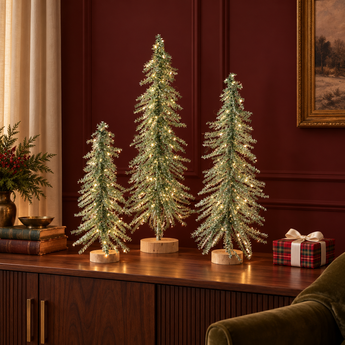 Lit Green Tinsel Tree with Adapter, Set of 3