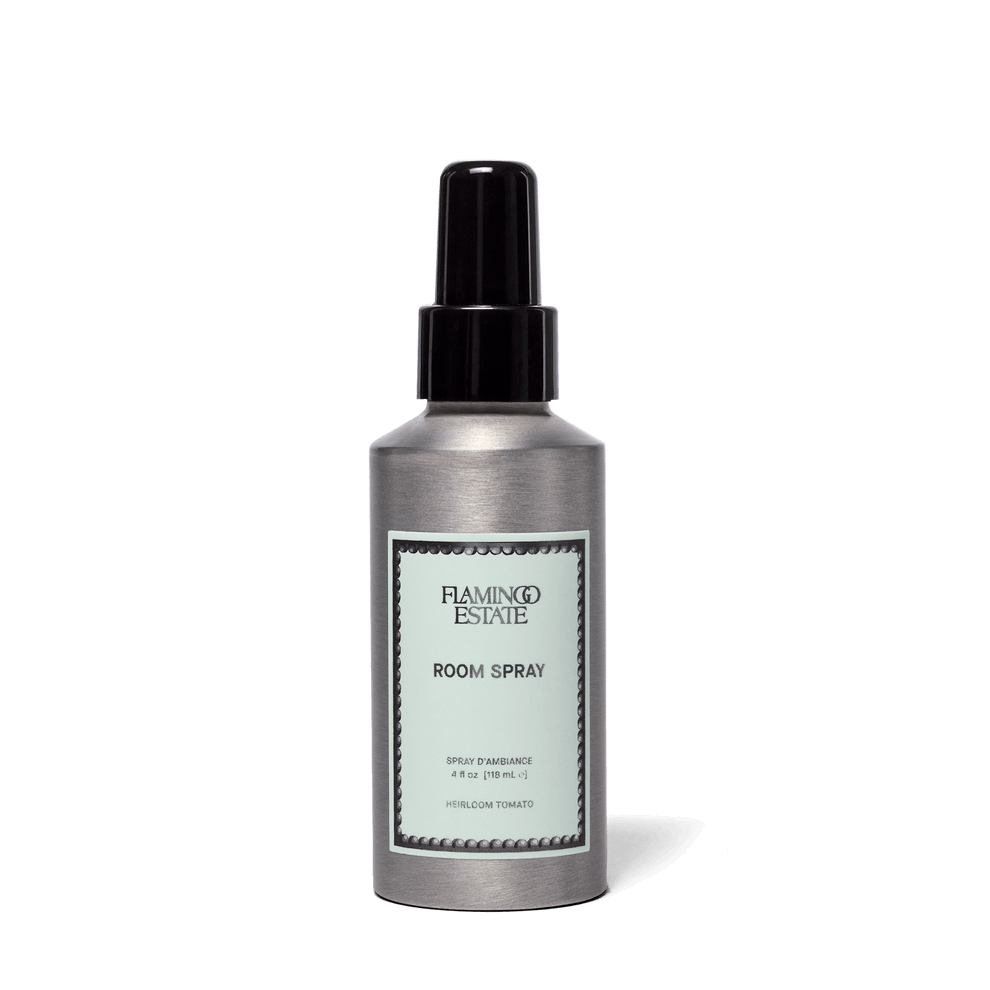 Flamingo Estate Heirloom Tomato Room Spray in a sleek silver bottle, capturing the essence of a garden scent.