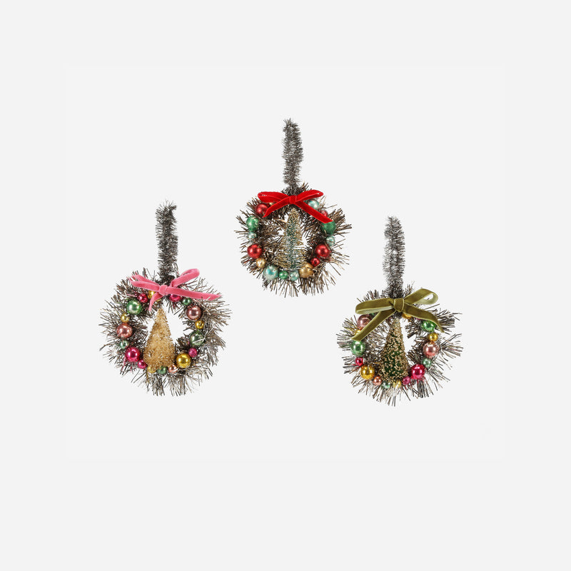 Tinsel Wreath Ornament, Set of 3 Assorted