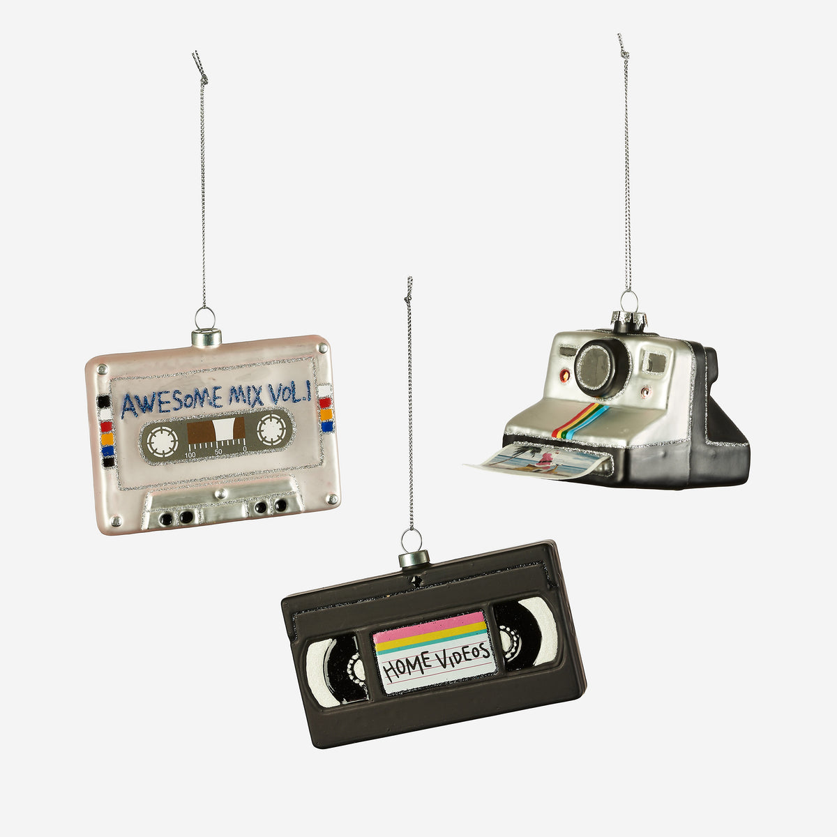 VCR, Mix Tape and Polaroid Ornament, Set of 3 Assorted Designs