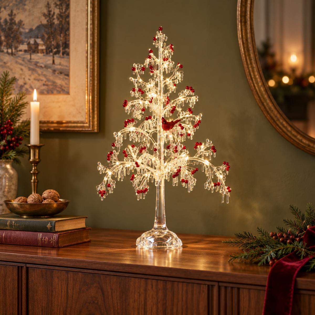Lighted Berry Tree with Cardinal and Adapter