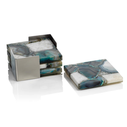 Four Crete Agate Coasters on Metal Tray - Green/White - Coasters by Carlyle Avenue