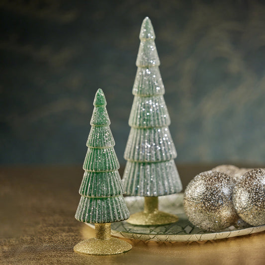 Sugar Pine Glass Tree on Silver Glitter Base - Dark Green