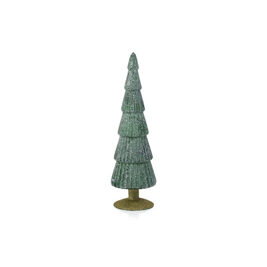 Sugar Pine Glass Tree on Silver Glitter Base - Dark Green