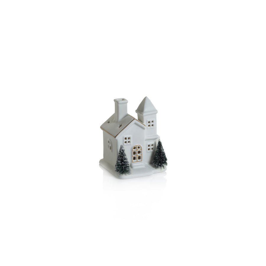 Alpina LED Porcelain House with Trees - Matte White with Green Trees