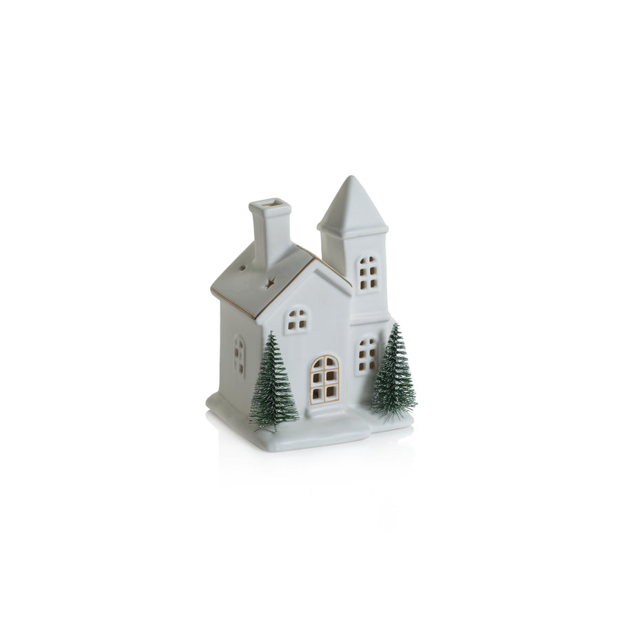 Alpina LED Porcelain House with Trees - Matte White with Green Trees