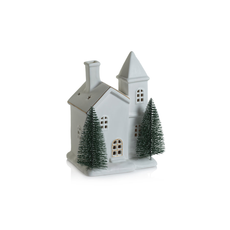 Alpina LED Porcelain House with Trees - Matte White with Green Trees