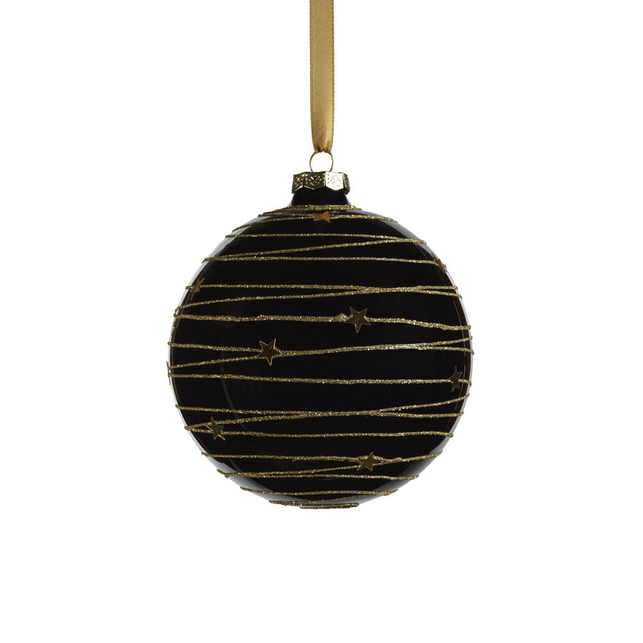 Glass Ball Ornament with Glitter and Stars - Black