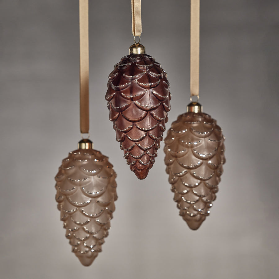 Frosted Glass Pine Cone w/ Glitter Trim Ornament