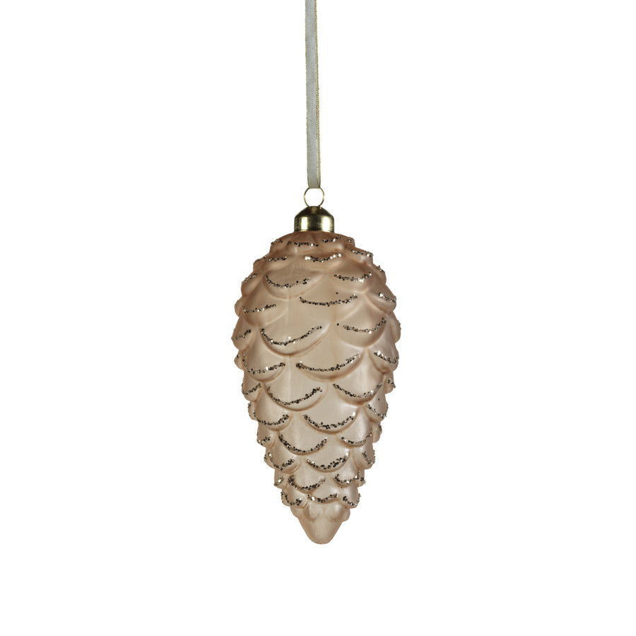 Frosted Glass Pine Cone w/ Glitter Trim Ornament