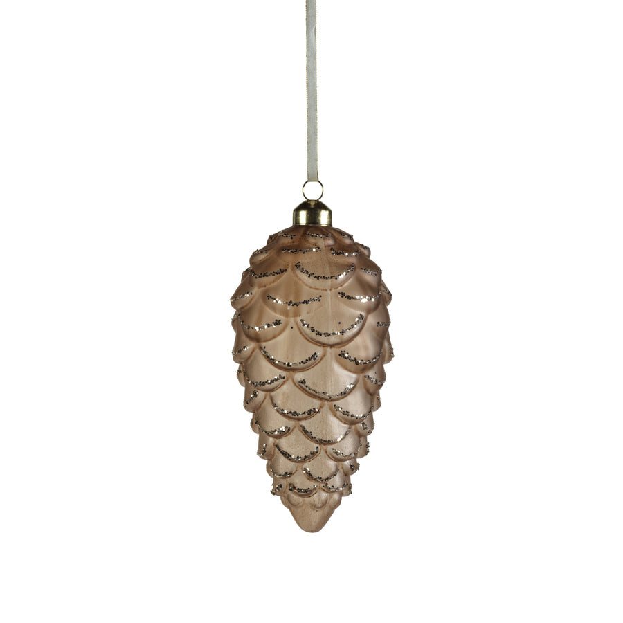 Frosted Glass Pine Cone w/ Glitter Trim Ornament