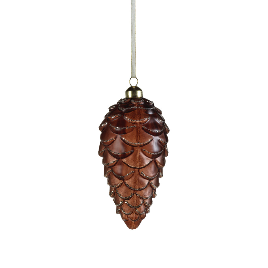 Frosted Glass Pine Cone w/ Glitter Trim Ornament