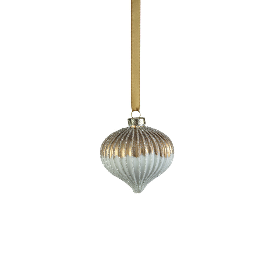 Ribbed Two-Toned Glass Ornament - Matte White & Gold