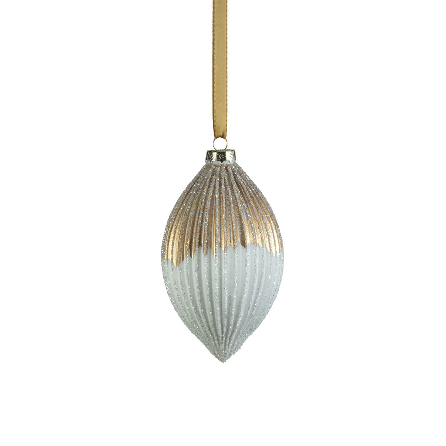 Ribbed Two-Toned Glass Ornament - Matte White & Gold