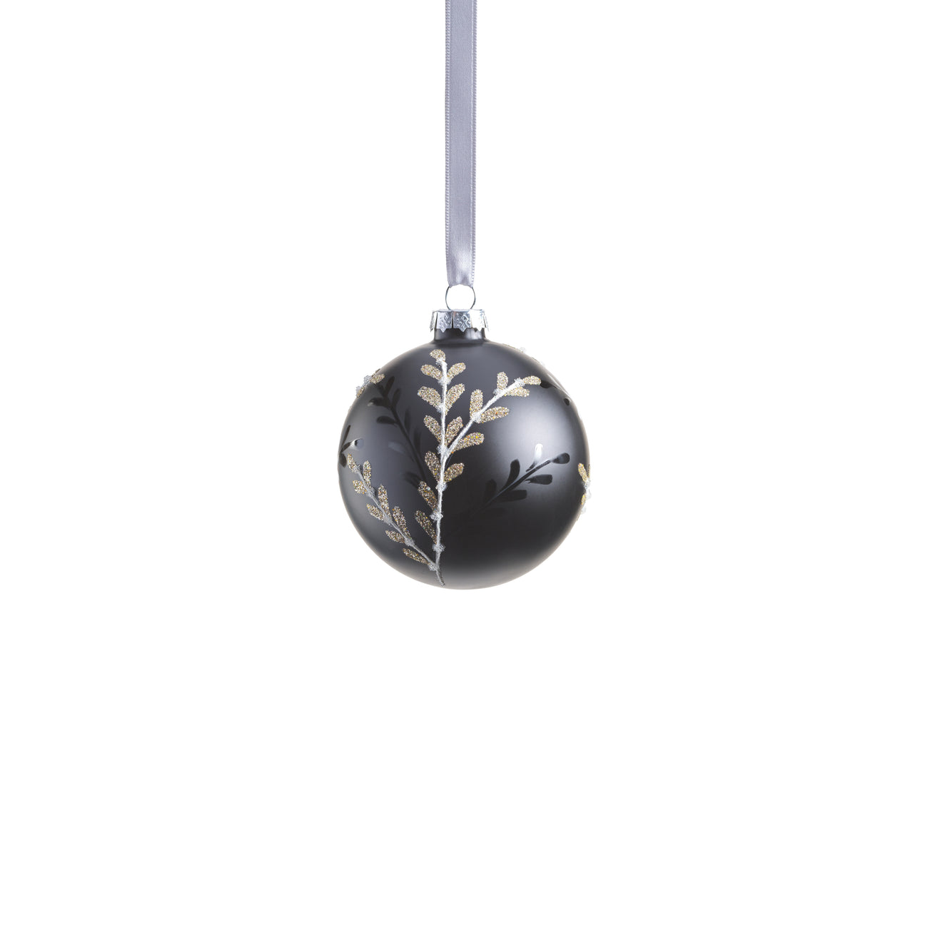 Black Glass Ball Ornament with Leaf Pattern - Black and Silver