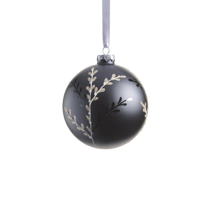 Black Glass Ball Ornament with Leaf Pattern - Black and Silver - Holiday Ornaments by Carlyle Avenue