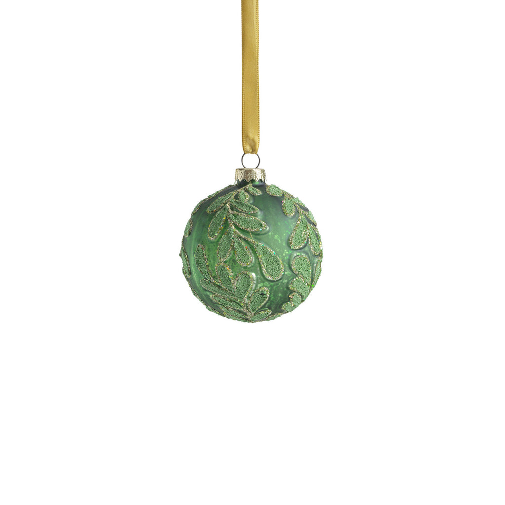 Beaded Leaf Pattern on Matt Green Embossed Glass Ornament - Ornaments by Carlyle Avenue