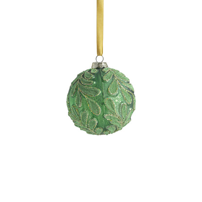 Beaded Leaf Pattern on Matte Green Embossed Glass Ornament - Holiday Ornaments by Carlyle Avenue