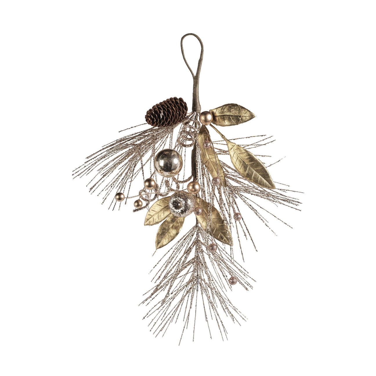 Decorative Christmas ornament with leaves, pine cones, and berries on a white background