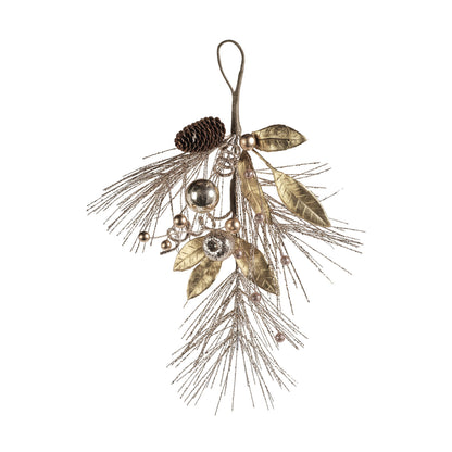 Decorative Christmas ornament with leaves, pine cones, and berries on a white background