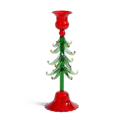 Decorative glass Christmas tree with red base and top on a white background