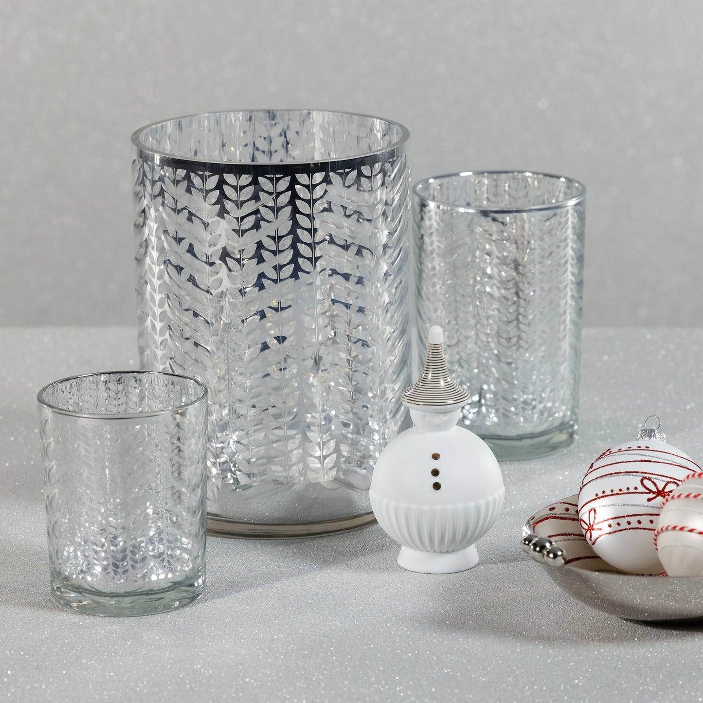 Laser Etched Metallic LED Hurricane - Silver - Candle Holders by Carlyle Avenue