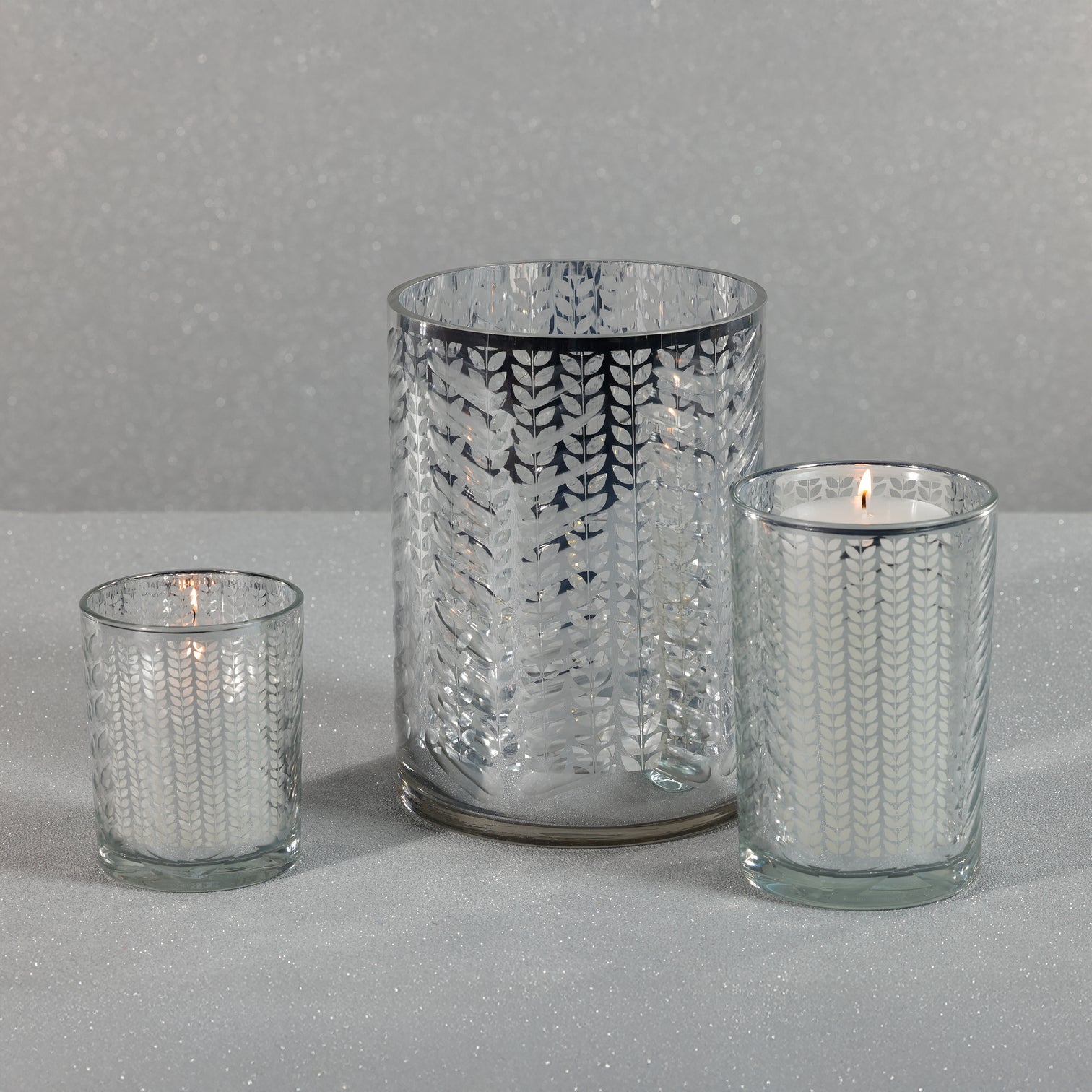 Laser Etched Metallic LED Hurricane - Silver - Candle Holders by Carlyle Avenue