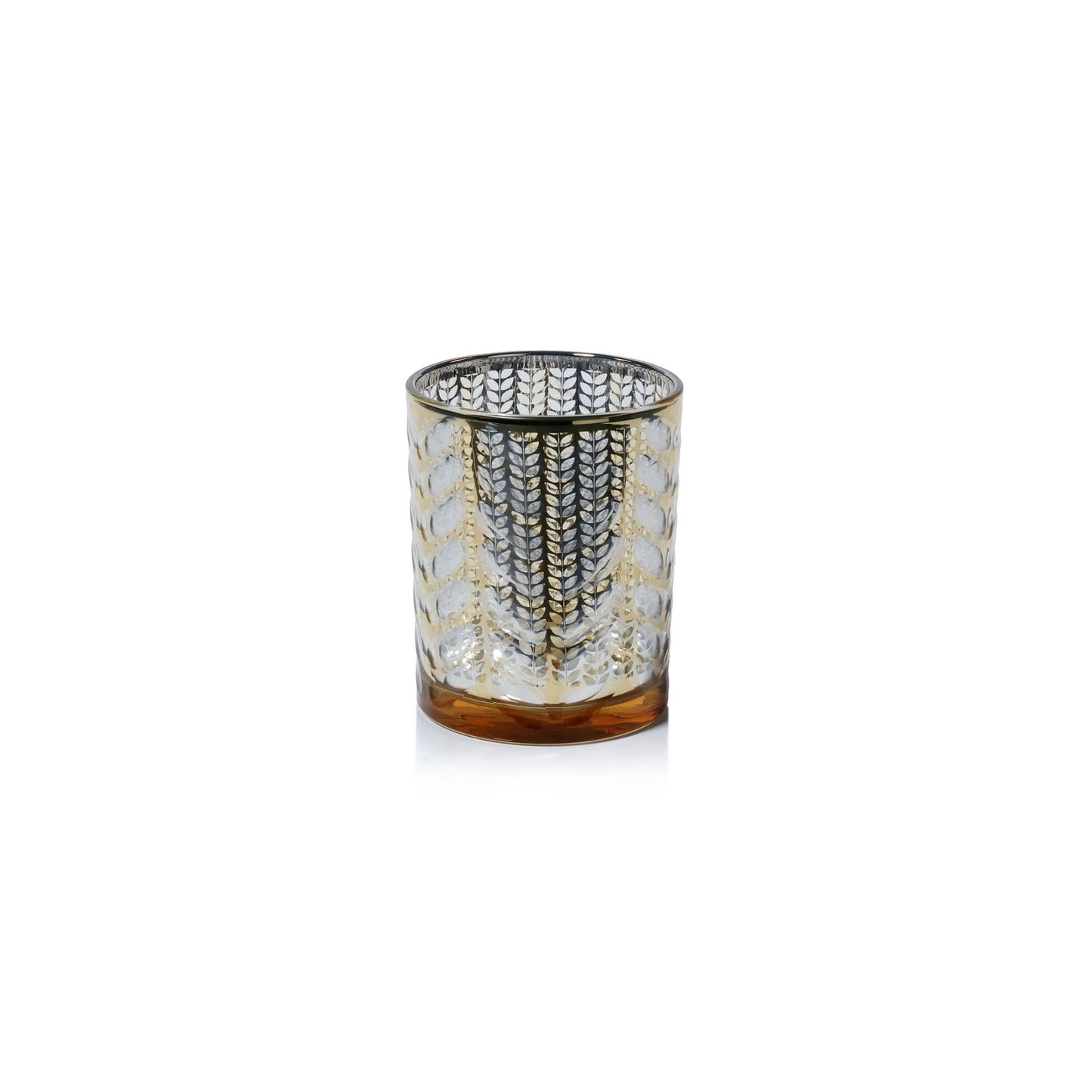Decorative glass candle holder with intricate design on a white background