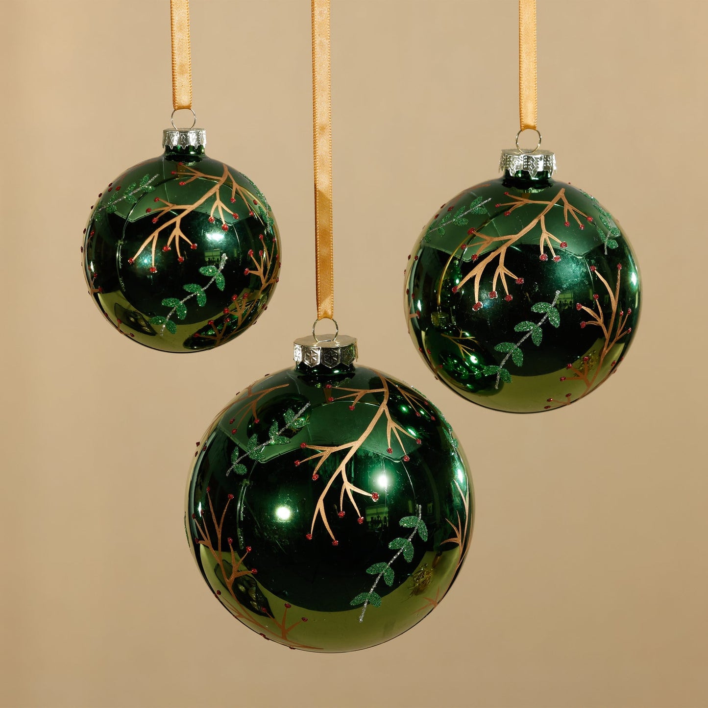 Shiny Green Metallic Glass Ball Ornament w/ Gold Leaf and Twig Design - Ornaments by Carlyle Avenue