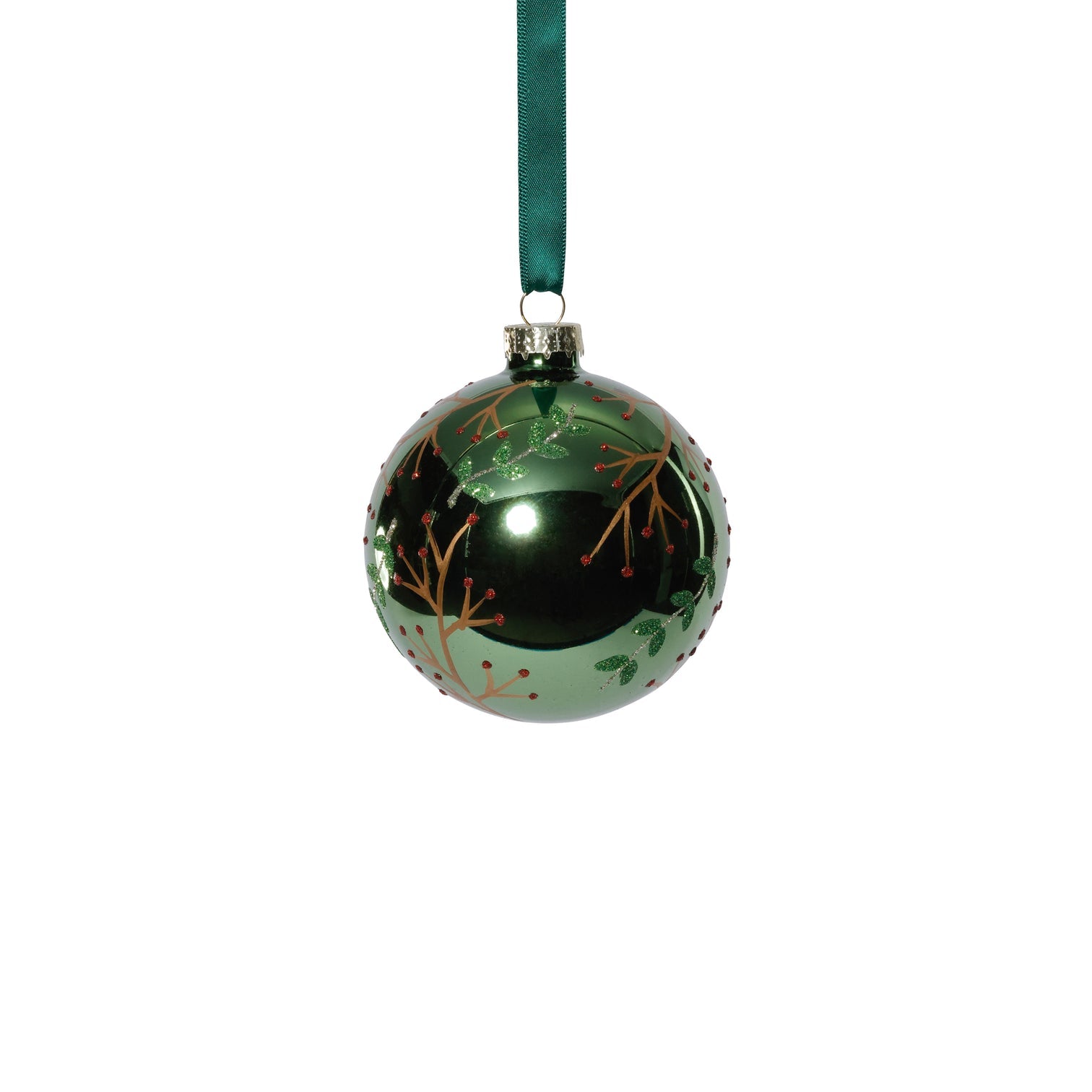 Shiny Green Metallic Glass Ball Ornament w/ Gold Leaf and Twig Design - Ornaments by Carlyle Avenue