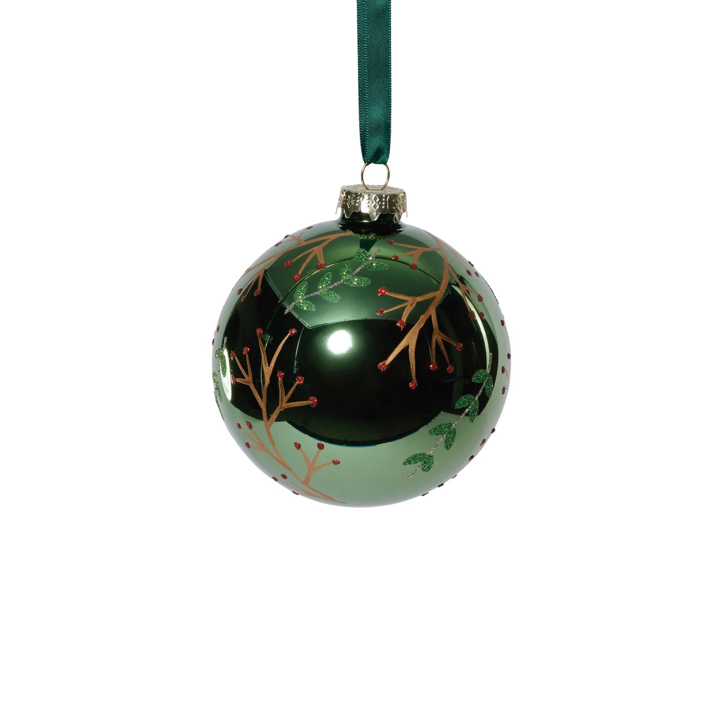Shiny Green Metallic Glass Ball Ornament w/ Gold Leaf and Twig Design - Ornaments by Carlyle Avenue