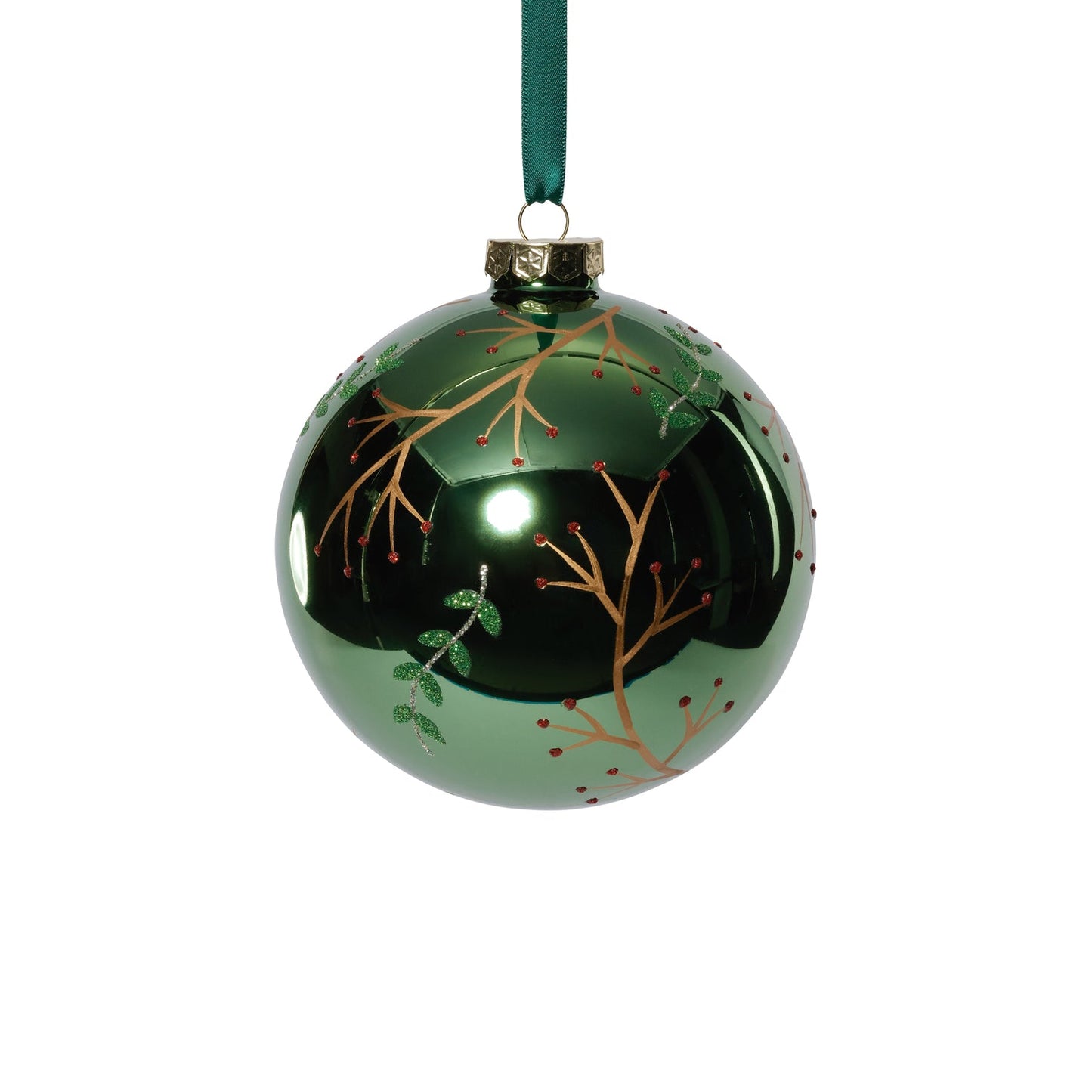 Shiny Green Metallic Glass Ball Ornament w/ Gold Leaf and Twig Design - Ornaments by Carlyle Avenue