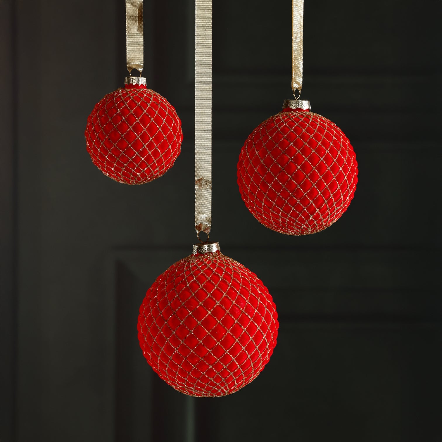 Red Flocked Glass Ball Ornament with Gold Glitter