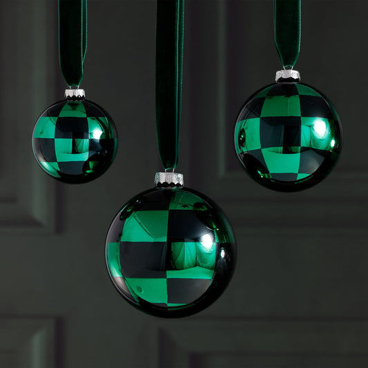 Checkered Glass Ball Ornament - Black & Green