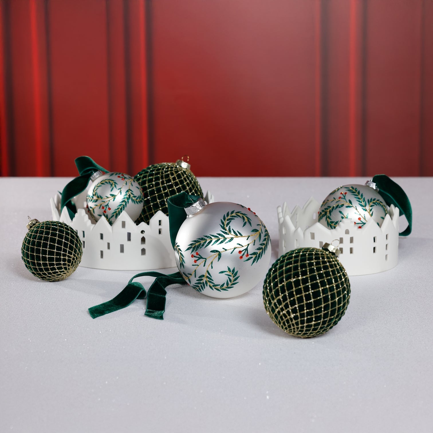 Metallic White Glass Ball Ornament with Green Leaf Design - Thumbnail 4