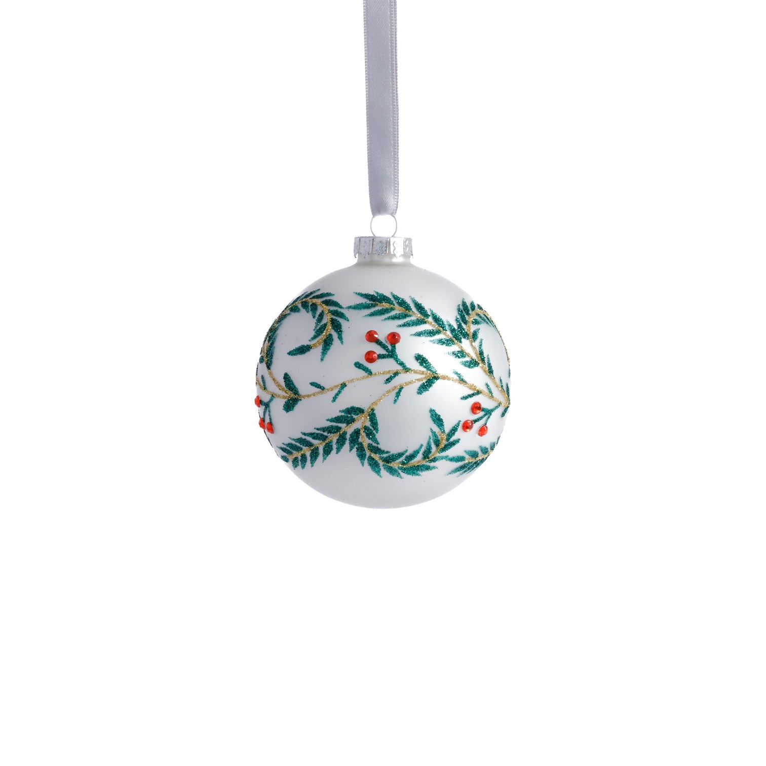 Metallic White Glass Ball Ornament with Green Leaf Design - Thumbnail 3