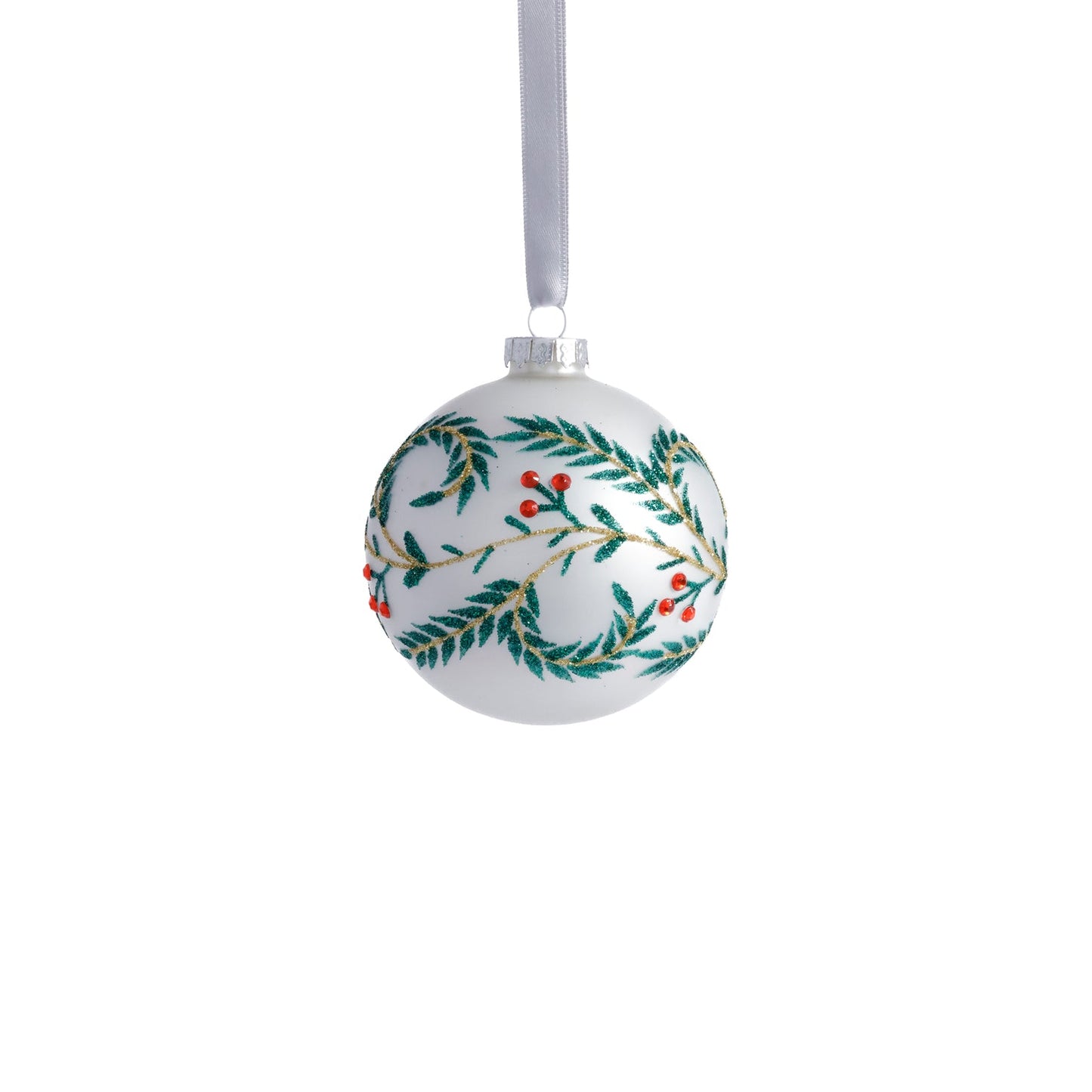Metallic White Glass Ball Ornament with Green Leaf Design
